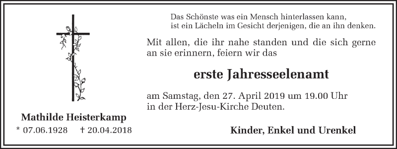  Traueranzeige für Mathilde Heisterkamp vom 24.04.2019 aus Ruhr Nachrichten und Dorstener Zeitung