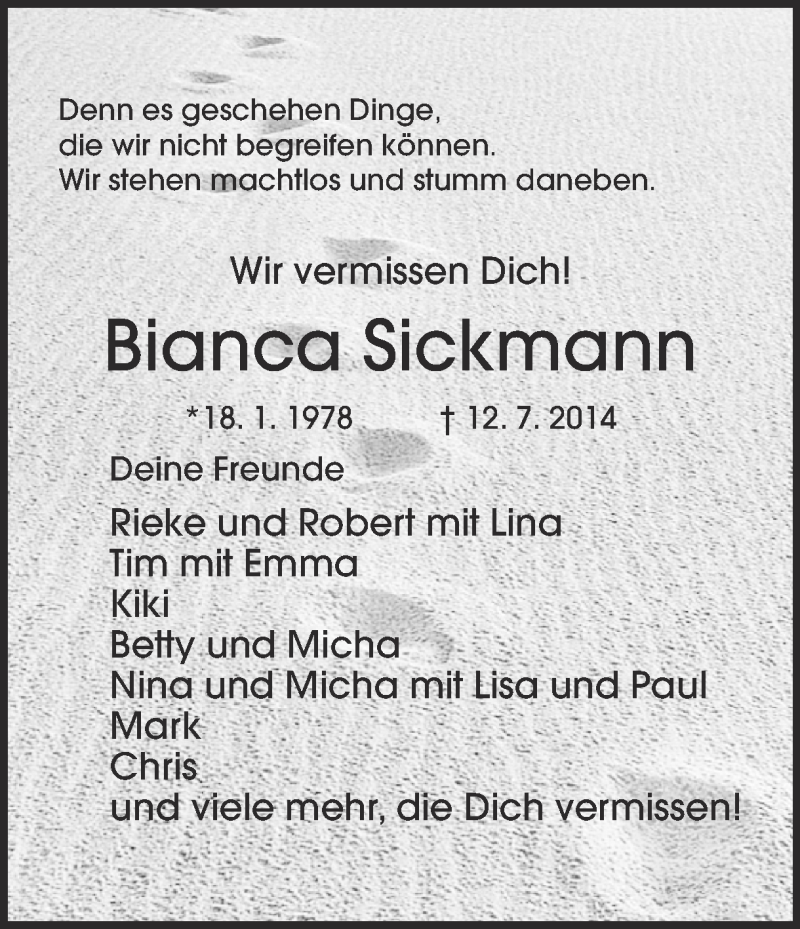 Traueranzeige für Bianca Sickmann vom 19.07.2014 aus Ruhr Nachrichten