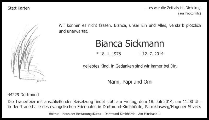  Traueranzeige für Bianca Sickmann vom 16.07.2014 aus Ruhr Nachrichten