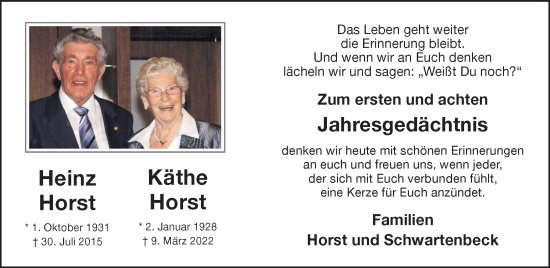 Traueranzeige von Heinz und Käthe Horst von Münstersche Zeitung und Münsterland Zeitung