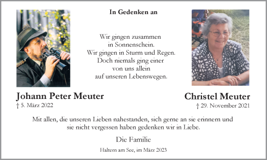 Traueranzeige von Johann Peter und Christel Meuter von Medienhaus Bauer