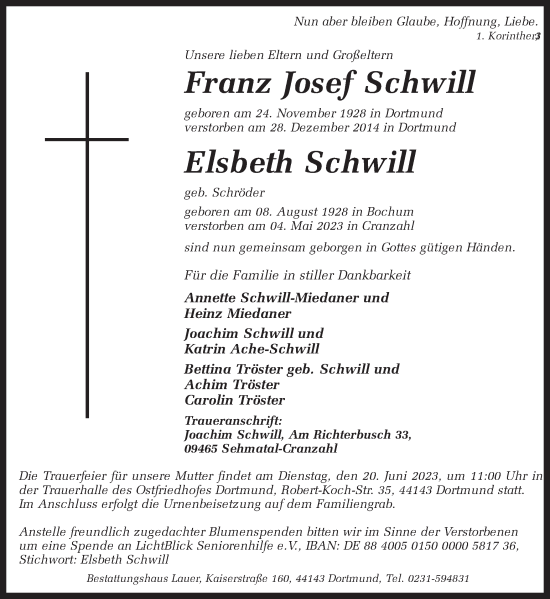 Traueranzeige von Franz Josef und Elsbeth Schwill 