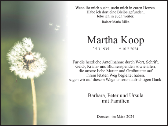 Traueranzeige von Martha Koop von Ruhr Nachrichten und Dorstener Zeitung