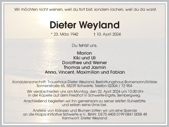 Traueranzeige von Dieter Weyland von Ruhr Nachrichten