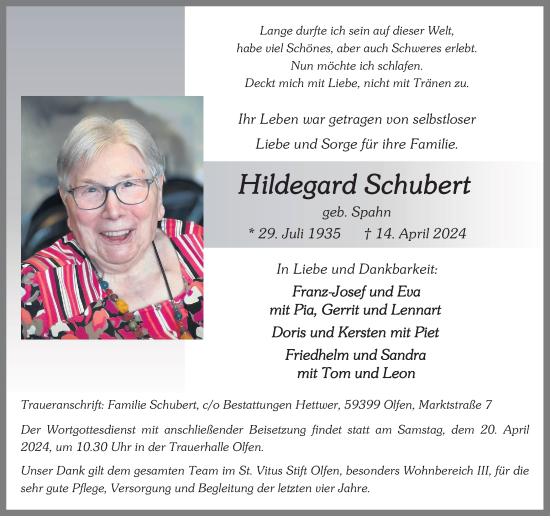 Traueranzeige von Hildegard Schubert von Ruhr Nachrichten
