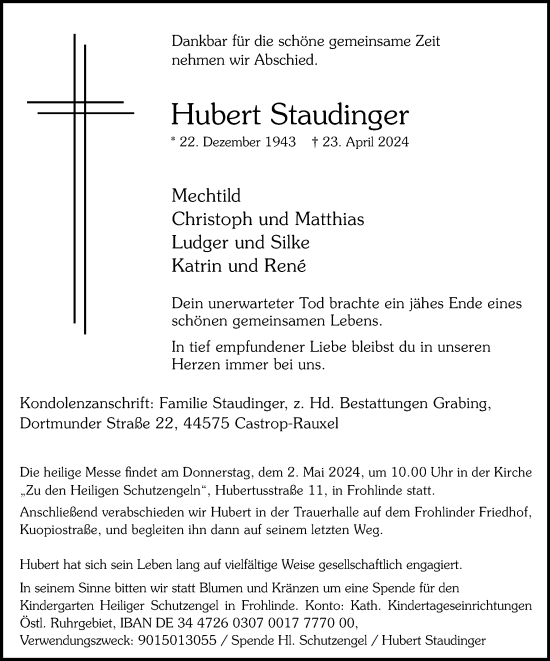 Traueranzeige von Hubert Staudinger von Ruhr Nachrichten