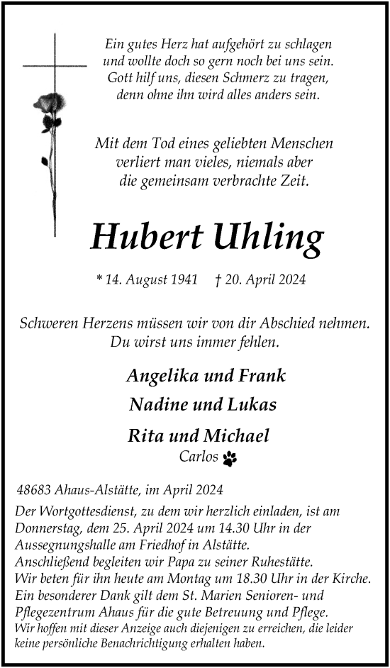 Traueranzeige von Hubert Uhling von Münsterland Zeitung