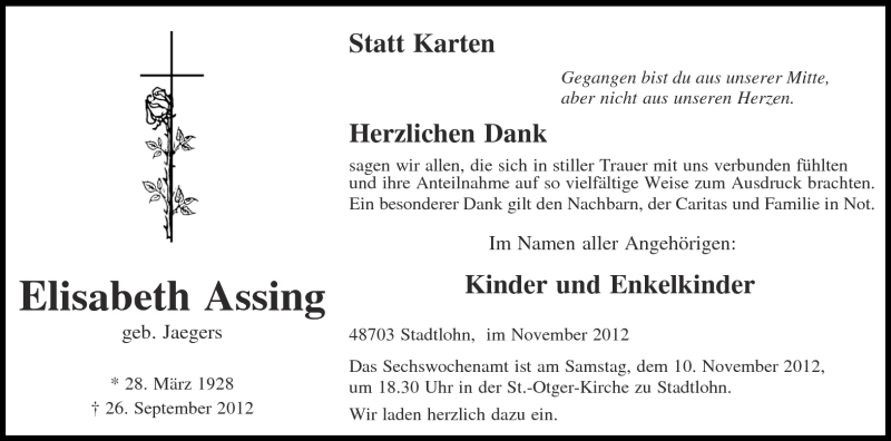  Traueranzeige für Elisabeth Assing vom 07.11.2012 aus Münstersche Zeitung und Münsterland Zeitung
