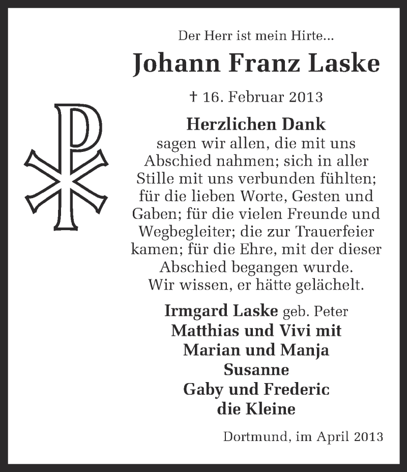  Traueranzeige für Johann Franz Laske vom 20.04.2013 aus Ruhr Nachrichten