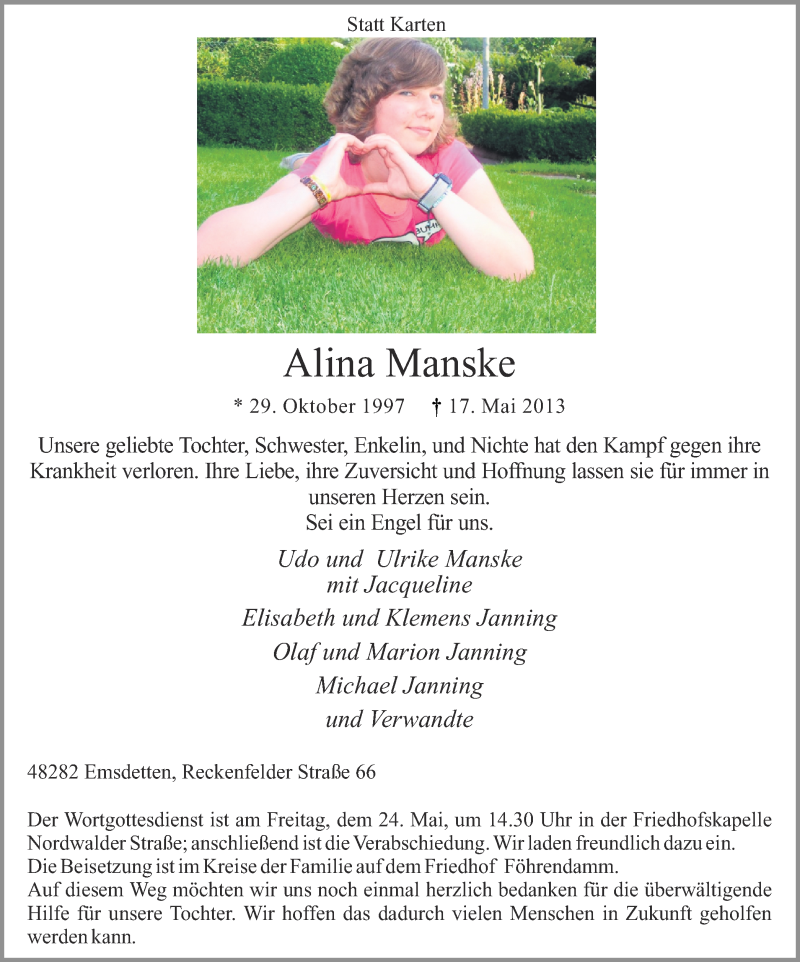  Traueranzeige für Alina Manske vom 23.05.2013 aus Münstersche Zeitung und Grevener Zeitung
