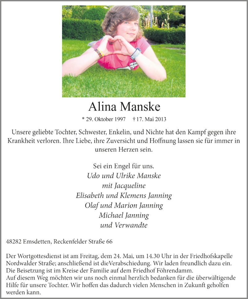  Traueranzeige für Alina Manske vom 22.05.2013 aus Emsdettener Volkszeitung