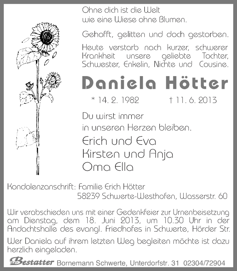  Traueranzeige für Daniela Hötter vom 14.06.2013 aus Ruhr Nachrichten