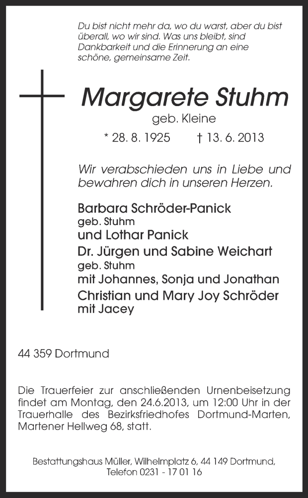  Traueranzeige für Margarete Stuhm vom 22.06.2013 aus Ruhr Nachrichten
