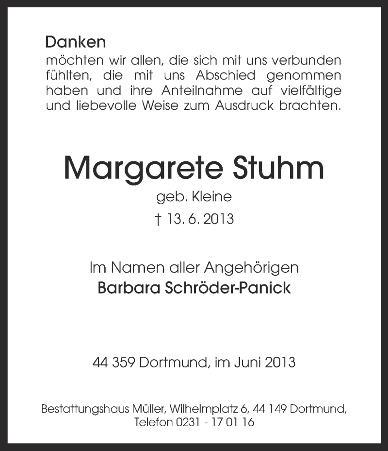  Traueranzeige für Margarete Stuhm vom 29.06.2013 aus Ruhr Nachrichten