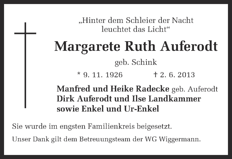  Traueranzeige für Margarete Ruth Auferodt vom 13.07.2013 aus Ruhr Nachrichten