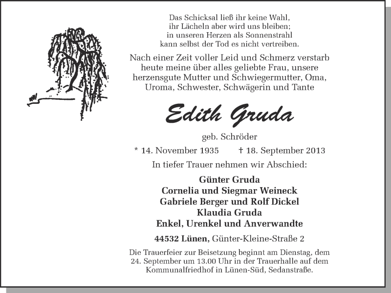  Traueranzeige für Edith Gruda vom 20.09.2013 aus Ruhr Nachrichten