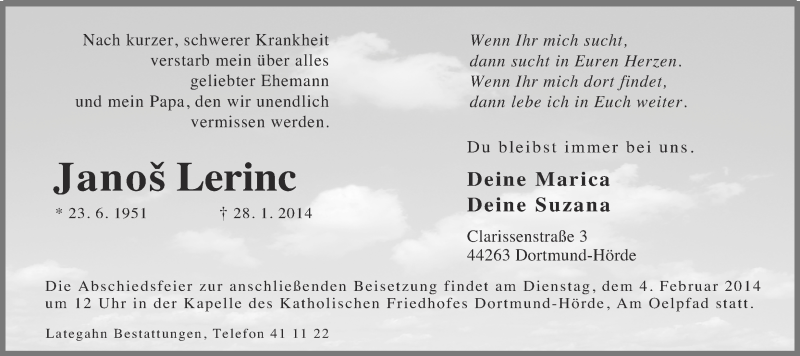  Traueranzeige für Janoš Lerinc vom 31.01.2014 aus Ruhr Nachrichten