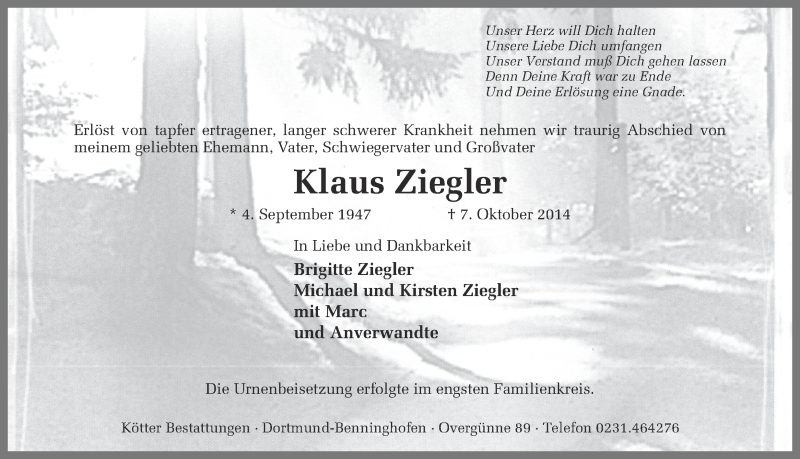  Traueranzeige für Klaus Ziegler vom 18.10.2014 aus Ruhr Nachrichten
