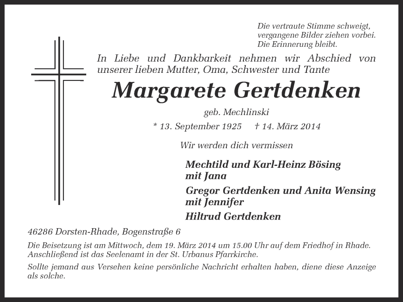  Traueranzeige für Margarete Gertdenken vom 17.03.2014 aus Ruhr Nachrichten und Dorstener Zeitung