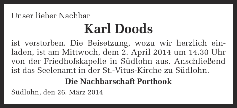  Traueranzeige für Karl Doods vom 31.03.2014 aus Münstersche Zeitung und Münsterland Zeitung