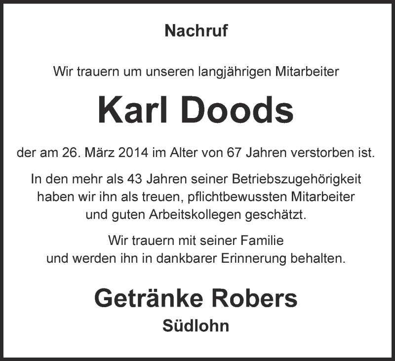  Traueranzeige für Karl Doods vom 01.04.2014 aus Münstersche Zeitung und Münsterland Zeitung
