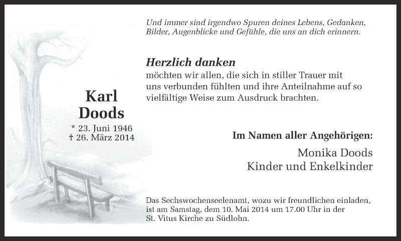  Traueranzeige für Karl Doods vom 07.05.2014 aus Münstersche Zeitung und Münsterland Zeitung