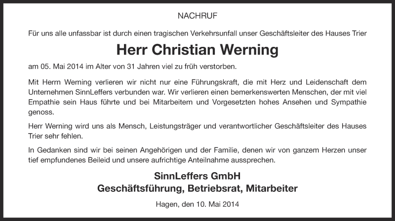  Traueranzeige für Christian Werning vom 10.05.2014 aus 