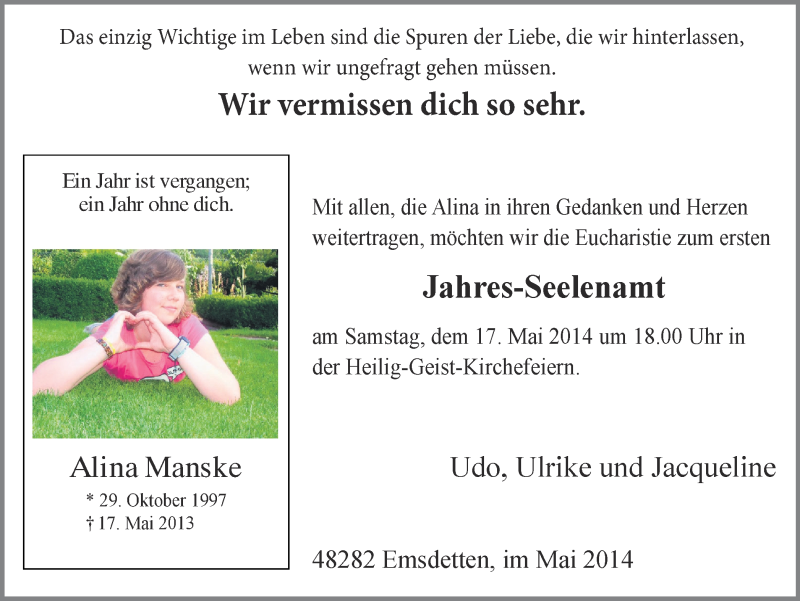  Traueranzeige für Alina Manske vom 15.05.2014 aus Emsdettener Volkszeitung