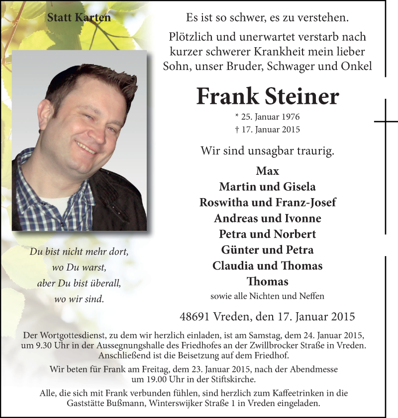  Traueranzeige für Frank Steiner vom 22.01.2015 aus Münstersche Zeitung und Münsterland Zeitung