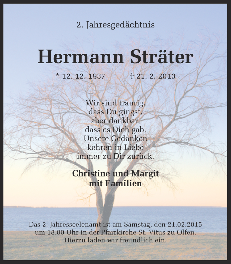  Traueranzeige für Hermann Sträter vom 21.02.2015 aus Ruhr Nachrichten
