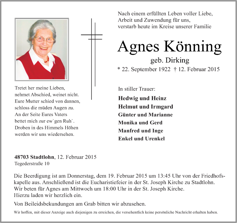  Traueranzeige für Agnes Könning vom 17.02.2015 aus Münstersche Zeitung und Münsterland Zeitung