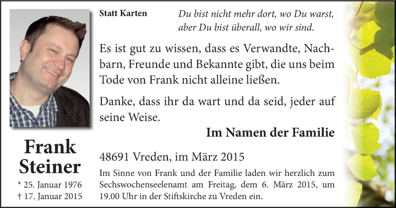  Traueranzeige für Frank Steiner vom 04.03.2015 aus Münstersche Zeitung und Münsterland Zeitung