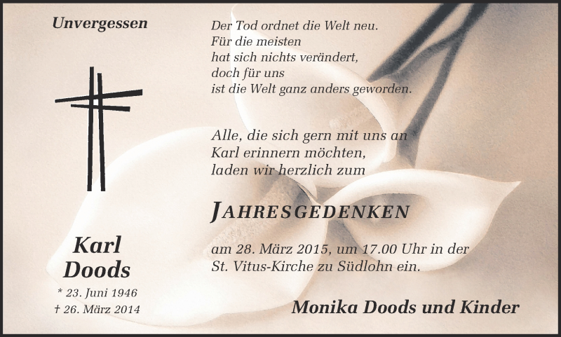  Traueranzeige für Karl Doods vom 25.03.2015 aus Münstersche Zeitung und Münsterland Zeitung
