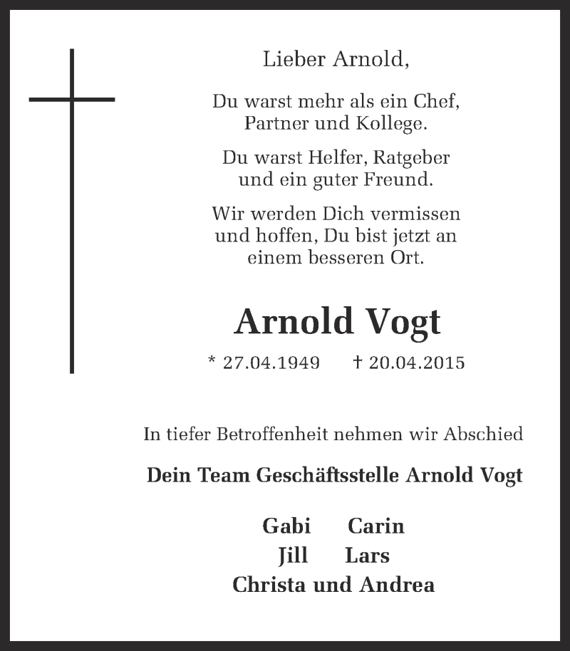  Traueranzeige für Arnold Vogt vom 25.04.2015 aus Ruhr Nachrichten