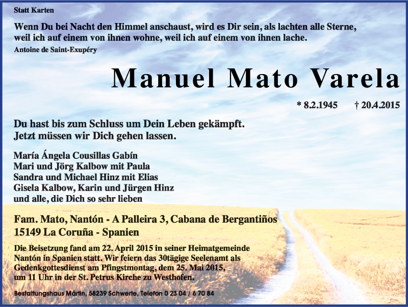  Traueranzeige für Manuel Mato Varela vom 25.04.2015 aus Ruhr Nachrichten