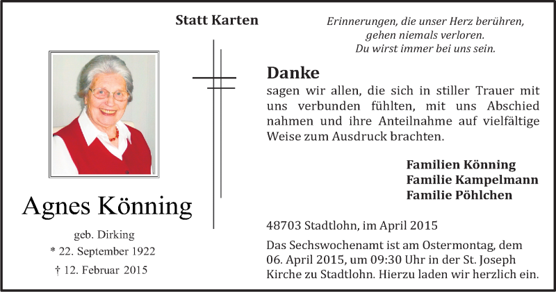 Traueranzeige für Agnes Könning vom 02.04.2015 aus Münstersche Zeitung und Münsterland Zeitung