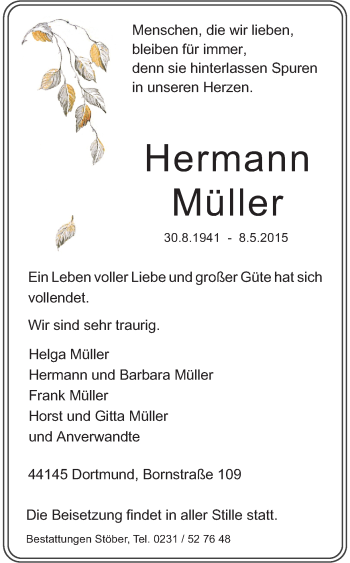 Traueranzeige von Hermann Müller von Ruhr Nachrichten