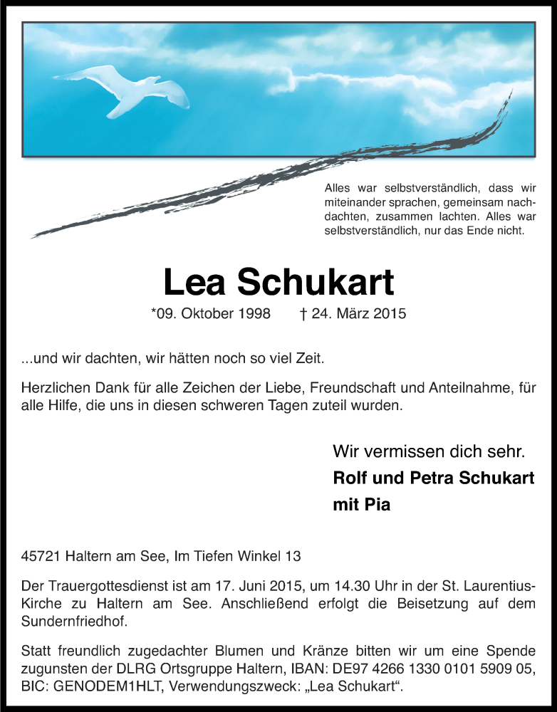  Traueranzeige für Lea Schukart vom 11.06.2015 aus Ruhr Nachrichten und Halterner Zeitung