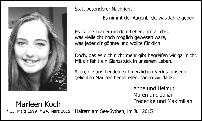  Traueranzeige für Marleen Koch vom 25.07.2015 aus Ruhr Nachrichten und Halterner Zeitung