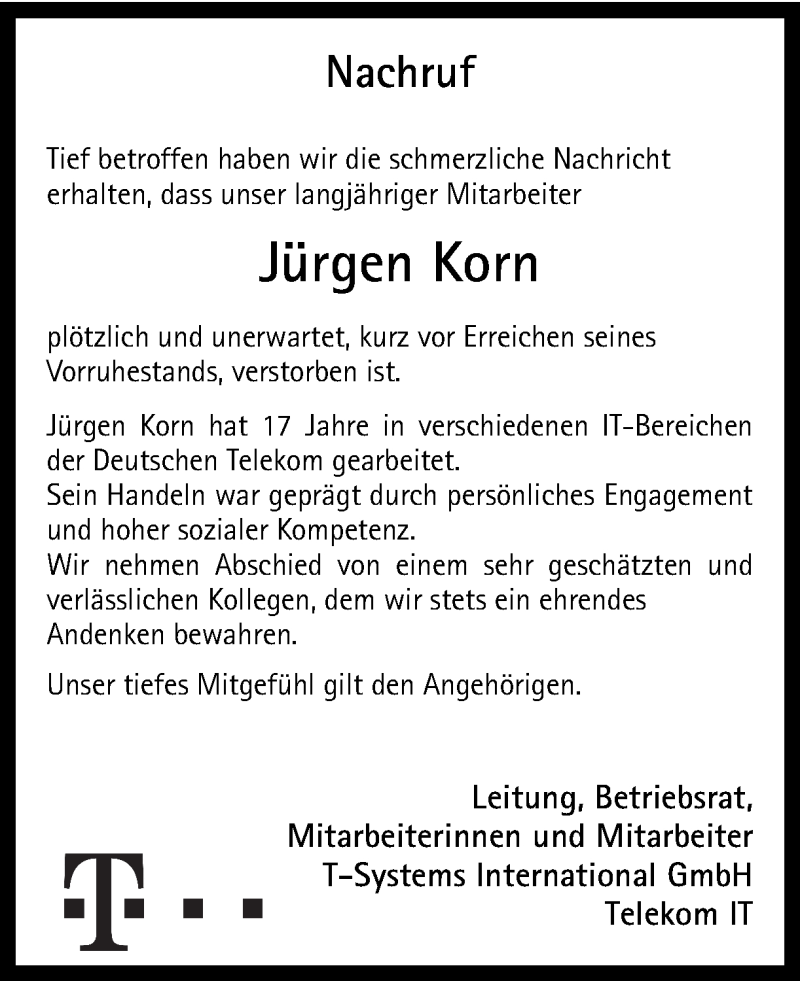  Traueranzeige für Jürgen Korn vom 28.10.2016 aus Ruhr Nachrichten