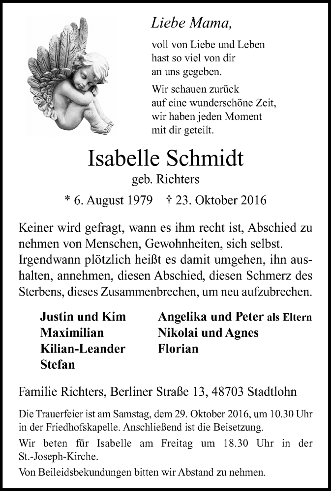  Traueranzeige für Isabelle Schmidt vom 26.10.2016 aus Münstersche Zeitung und Münsterland Zeitung