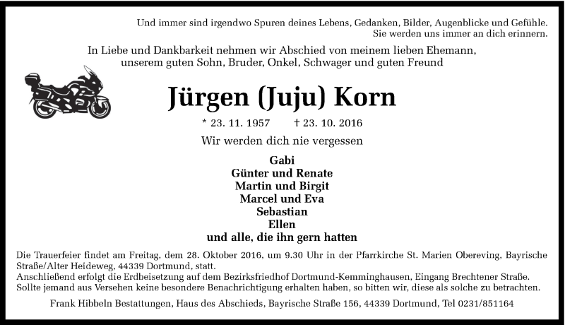  Traueranzeige für Jürgen Korn vom 25.10.2016 aus Ruhr Nachrichten