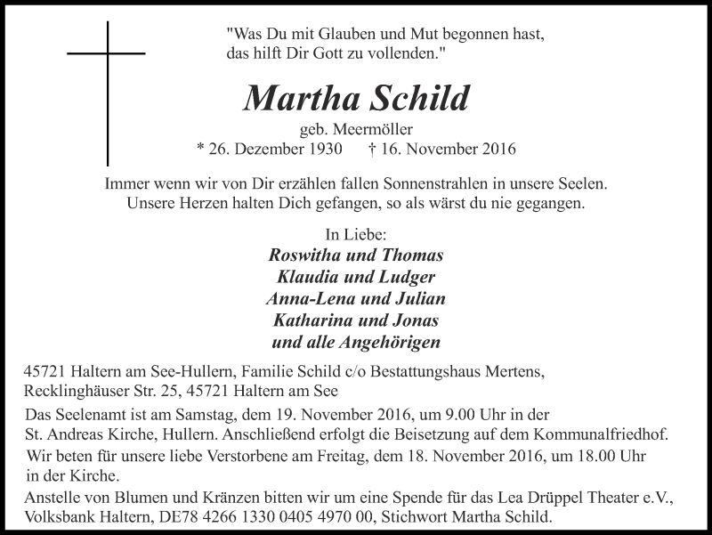  Traueranzeige für Martha Schild vom 18.11.2016 aus Ruhr Nachrichten und Halterner Zeitung