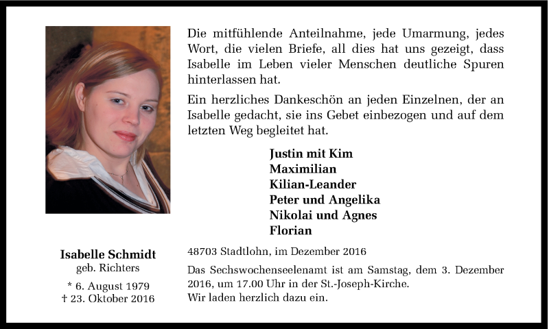  Traueranzeige für Isabelle Schmidt vom 01.12.2016 aus Münstersche Zeitung und Münsterland Zeitung