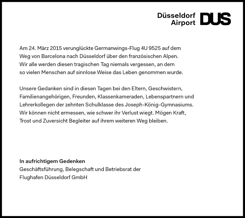  Traueranzeige für Opfer des  Flugzeugabsturzes vom 24.03.2015 vom 24.03.2016 aus Ruhr Nachrichten und Halterner Zeitung