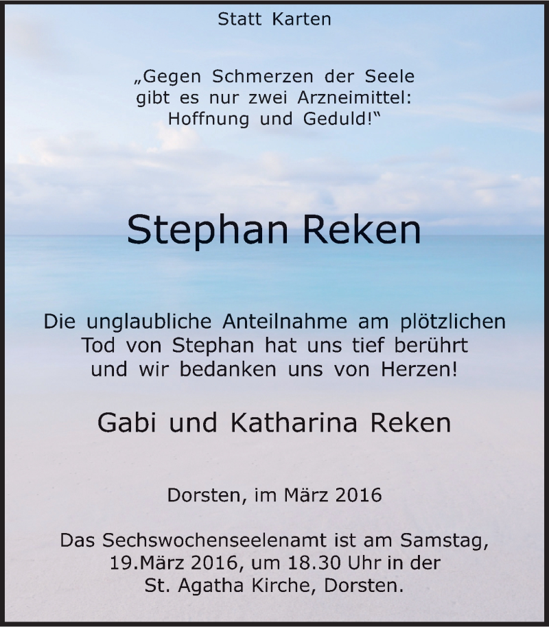  Traueranzeige für Stephan Reken vom 16.03.2016 aus Ruhr Nachrichten und Dorstener Zeitung