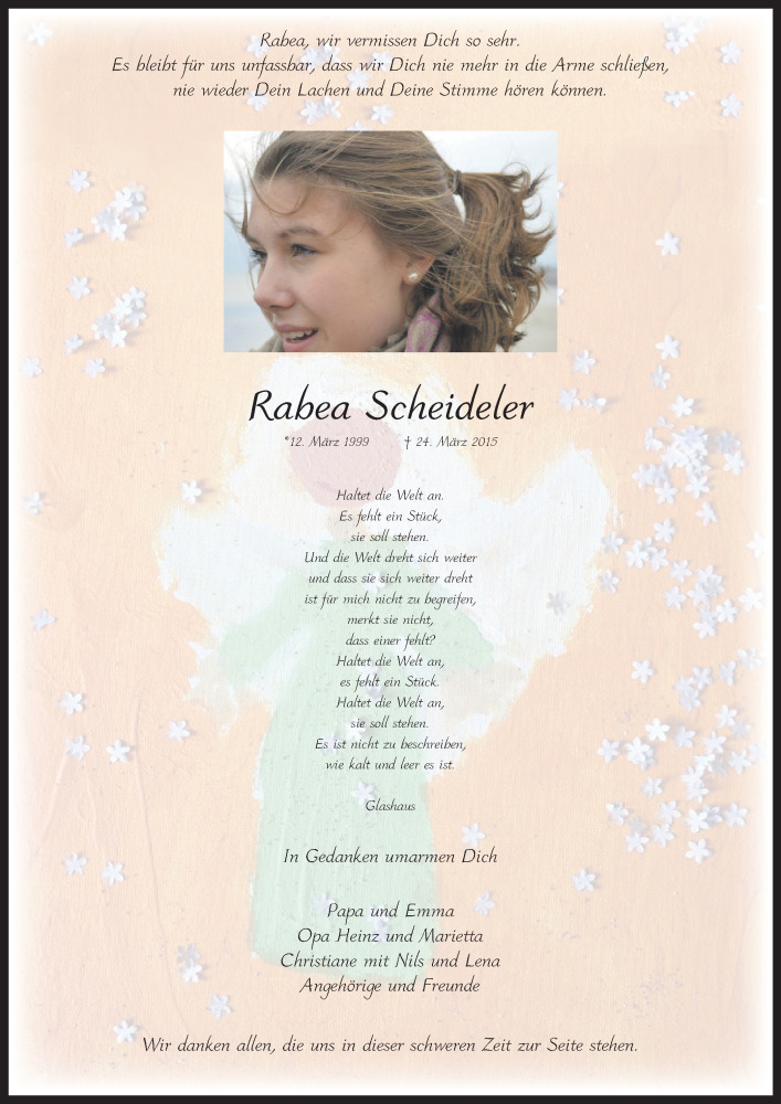 Traueranzeige für Rabea Scheideler vom 26.03.2016 aus Ruhr Nachrichten und Halterner Zeitung