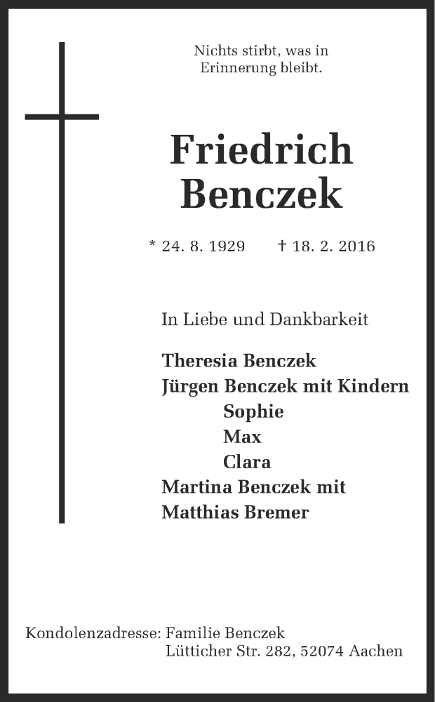  Traueranzeige für Friedrich Benczek vom 28.05.2016 aus Ruhr Nachrichten