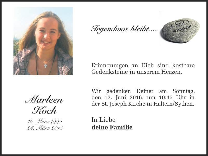  Traueranzeige für Marleen Koch vom 10.06.2016 aus Ruhr Nachrichten und Halterner Zeitung