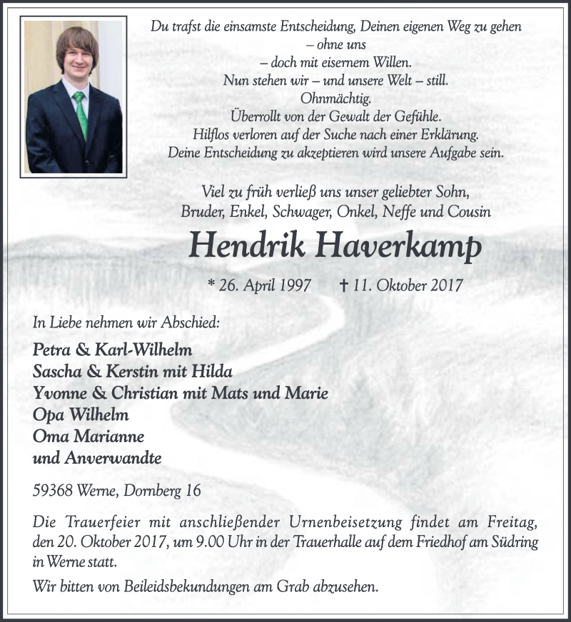  Traueranzeige für Hendrik Haverkamp vom 17.10.2017 aus Ruhr Nachrichten